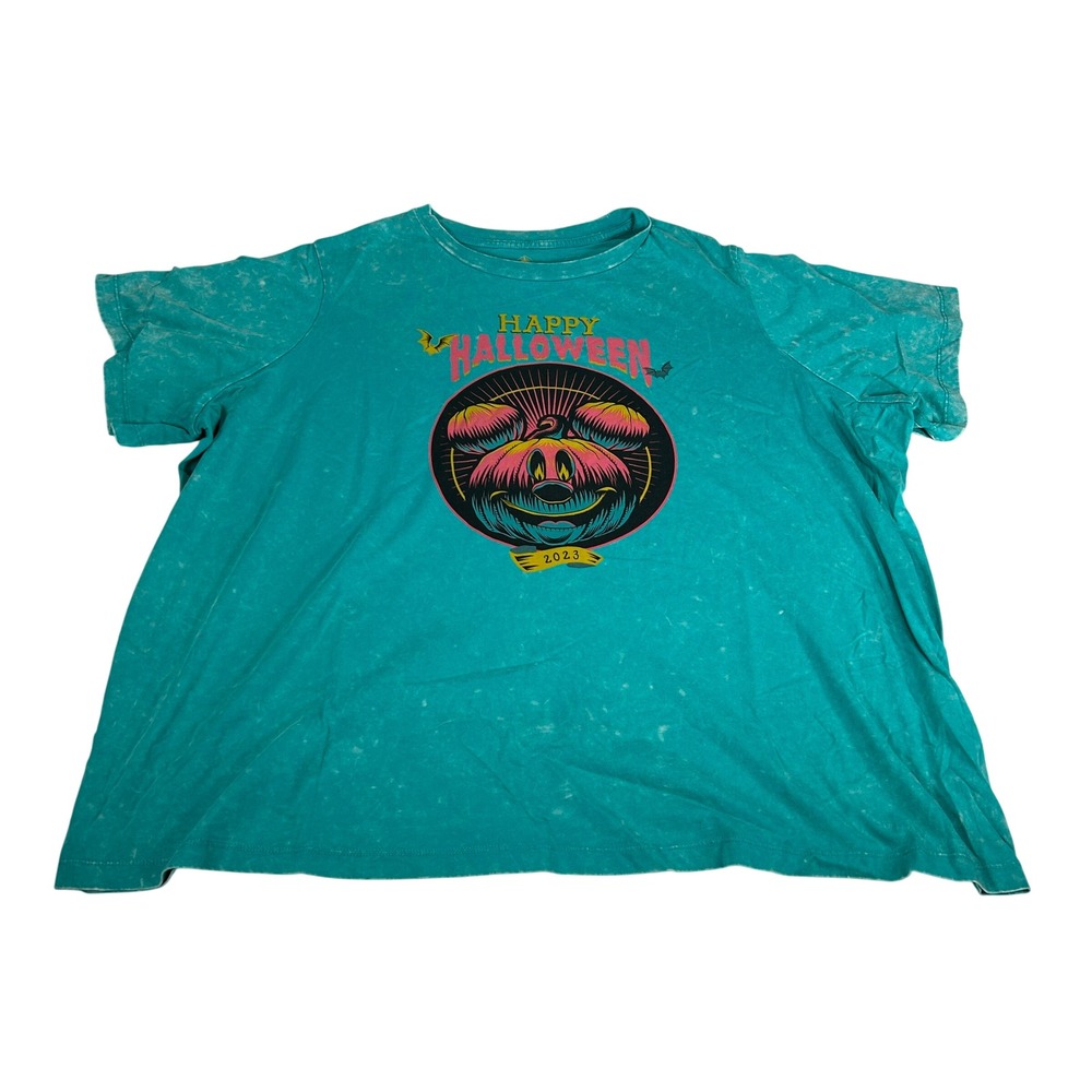 Disney Parks Happy Halloween 2023 Mickey Pumpkin Teal Acid Wash T-Shirt 2X NEW